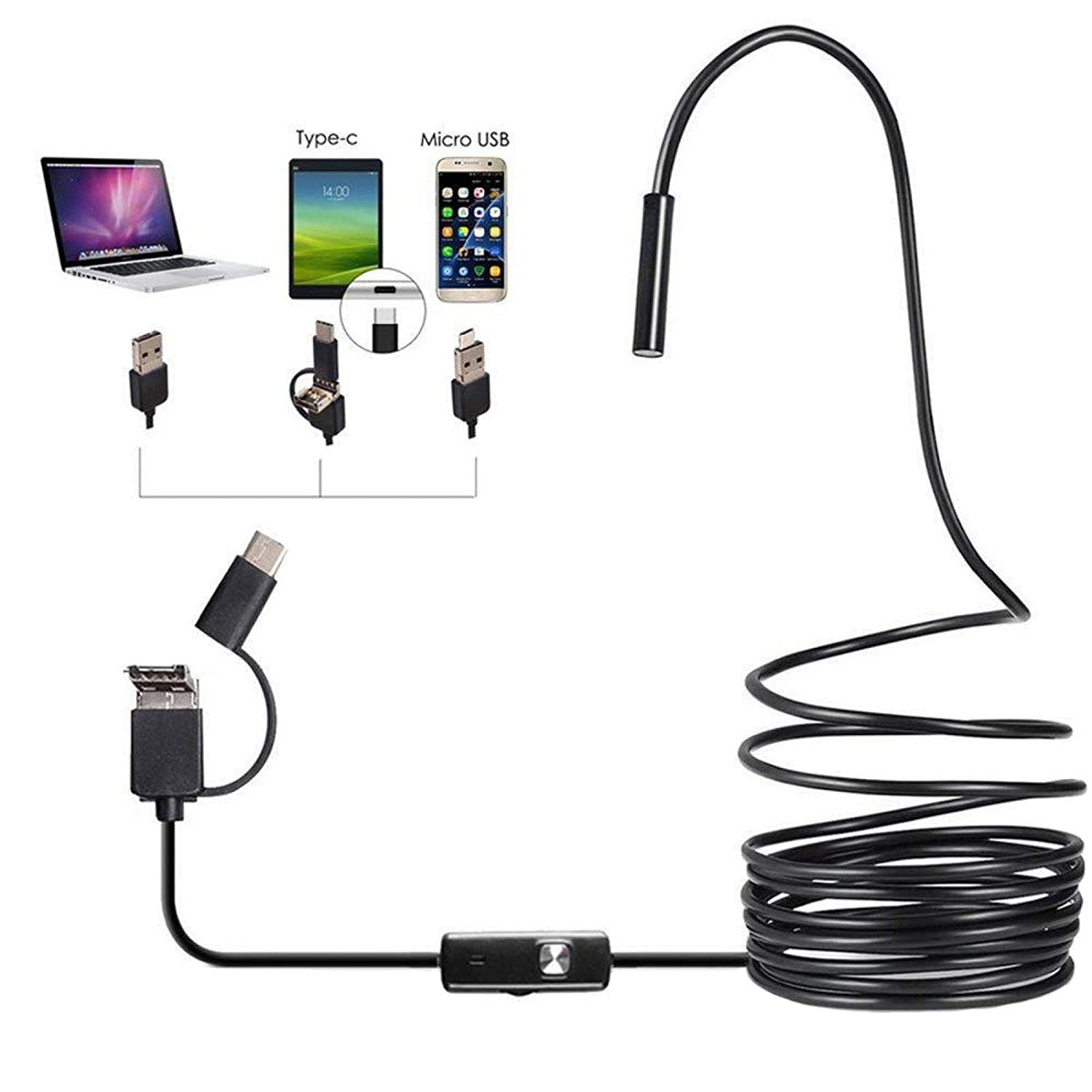3 in 1 USB Endoscope, Waterproof Endoscope Industrial Borescope Black HD Camera 3 In1 Type-C USB Video
