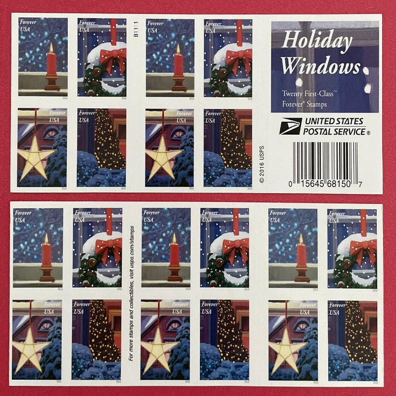 USPS Contemporary Christmas: Holiday Windows 2016 Forever Stamps - Booklet of 20 Postage Stamps