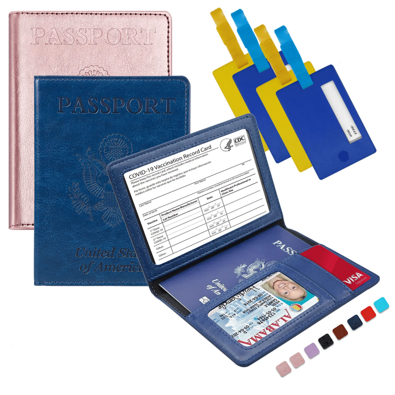 2 Pack Slim Passport Travel Wallet Plus 4 Bonus Luggage Tags, Waterproof Cover/Case Protector - Navy Blue / Rose Gold