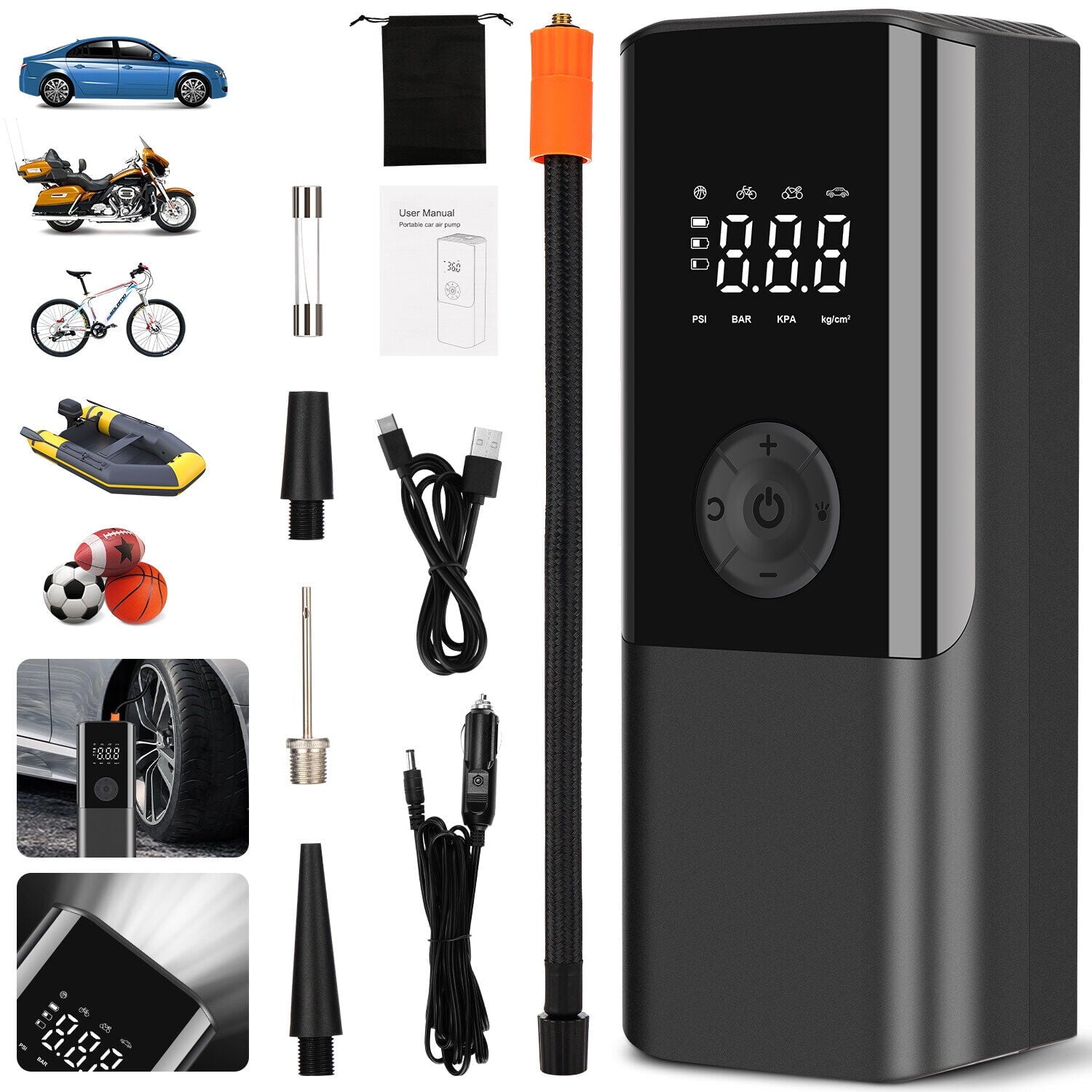 Portable Tire Inflator -Air Compressor with Automatic Shutoff, 150 PSI Digital Pressure Gauge, Emergency LED Light, Cordless and Compact