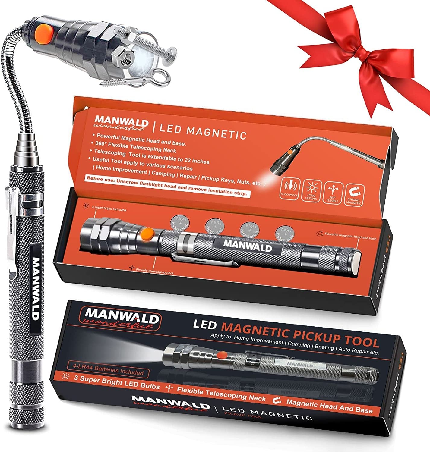 Telescoping Magnetic Pickup Tools, LED Magnetic Flashlights with Extendable Magnet Stick, Birthday Gifts for Men, Dad, Husband, Craftsman and Mechanic, Black - Gray Magnetic Tool